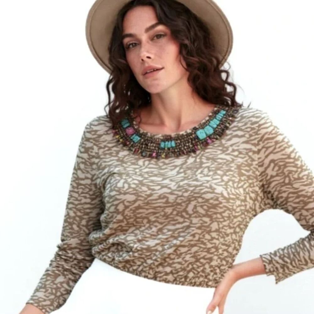 Chico’s Turquoise Beaded Boho Blouse Medium Earthy Abstract Medallion Print Top